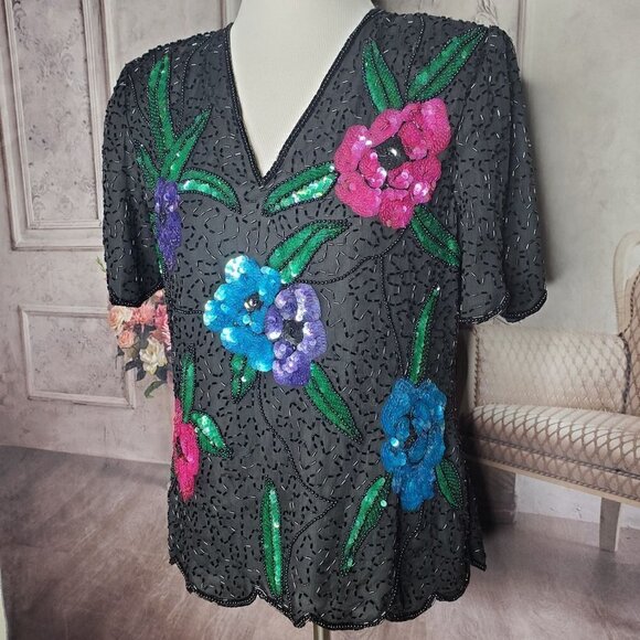LAWRENCE Kazar 100% Pure Silk Black Lined Sequins Beads Party Blouse Size Medium - Picture 3 of 9
